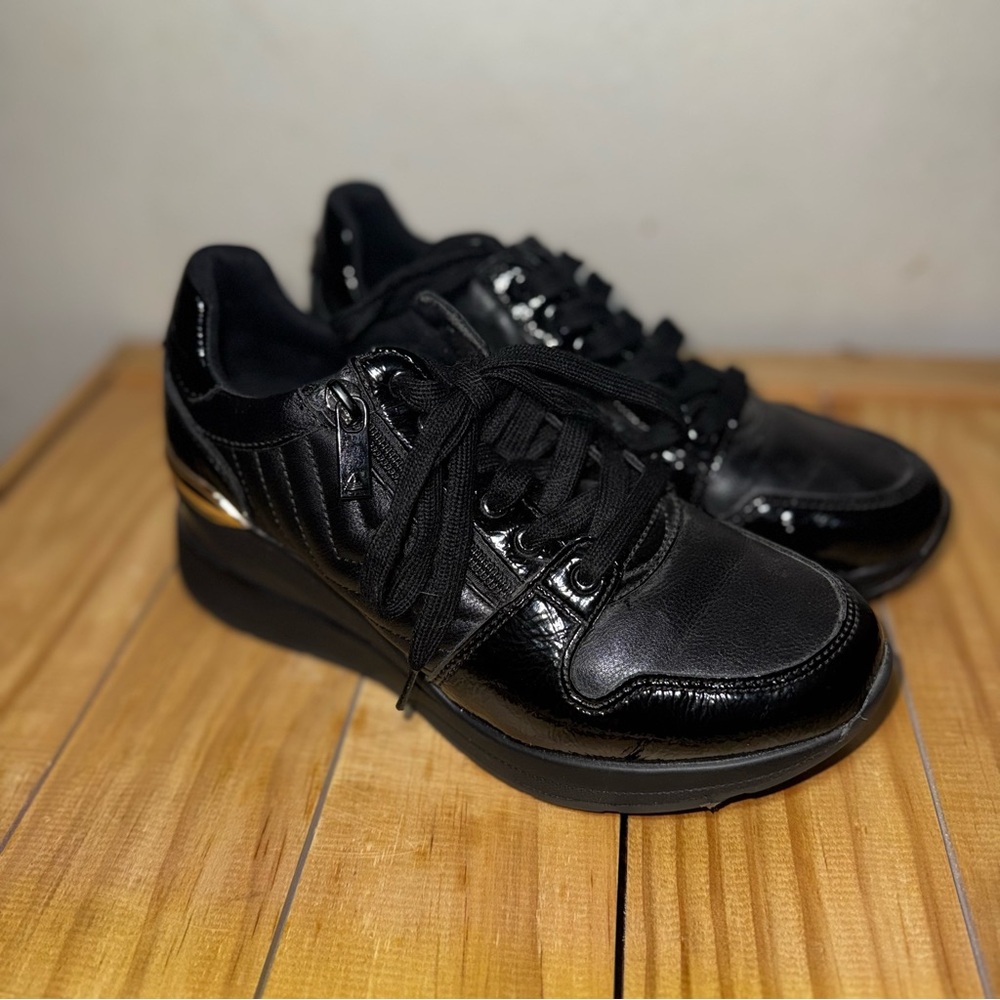 Aldo Black Wedge Sneakers with Gold Accent